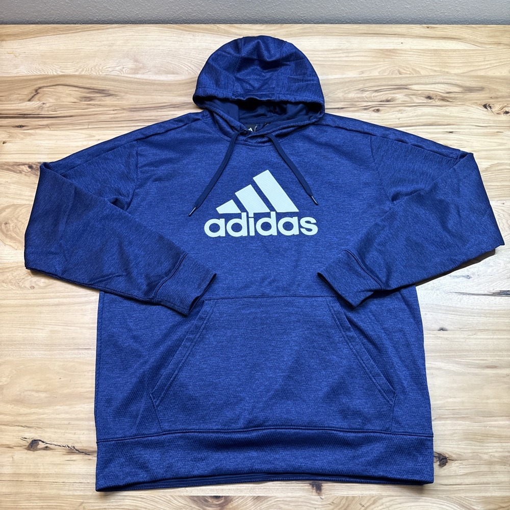 Adidas Hoodie Mens Large Blue Climawarm Fleece Pullover Sweatshirt Athletic